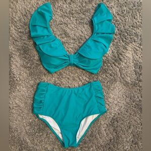 Teal Ruffled High Waisted Bikini Set, Sz Medium